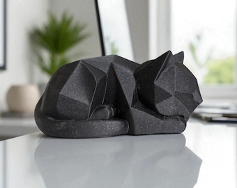 Statue de chat endormi | Sculpture noire moderne géométrique, décor de chat minimaliste