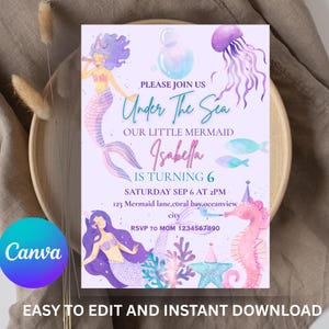 Mermaid Birthday Invitation: Under The Sea Party, Editable Canva Template (5x7 in) (Digital Download