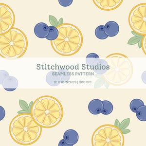 May include: Seamless pattern featuring illustrations of lemon slices and blueberries on a cream background. The design includes green leaves and the text "Stitchwood Studios SEAMLESS PATTERN 12 x 12 INCHES | 300 DPI".