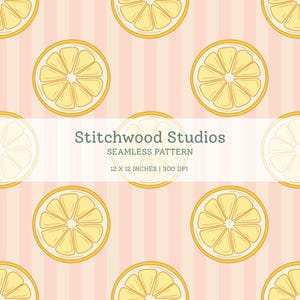 May include: A seamless pattern with repeating illustrations of lemon slices. The slices are yellow and cream, outlined in gold, set against a pink and white striped background. The pattern is 30.48 x 30.48 cm.