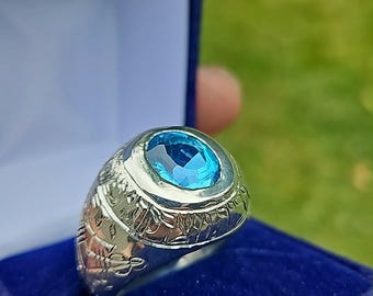 Handmade Engraved 4th Pentacle of Jupiter Ring With Blue Topaz Size 11.5
