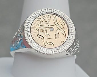 Handmade 14k Gold Sterling Silver First Pentacle Of The Sun Ring Size 11 Made In USA One Of A Kind Hand Engraved