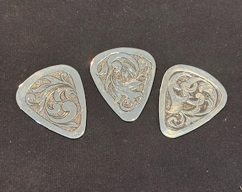 Sterling Silver Hand Engraved Guitar Pick Made In USA Local Artist John R King