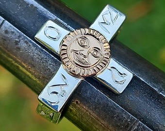 Handmade 14k Gold Sterling Silver Black Pullet Ring VII Ring Size 7 Made In USA One Of A Kind Hand Engraved