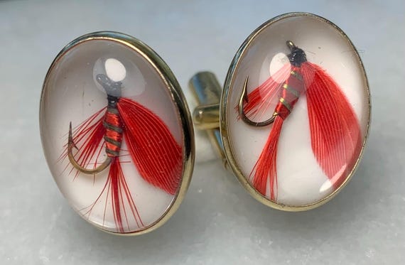 Vintage Fly Fishing Lure Cufflinks Gold Tone Angler Novelty Real Fly