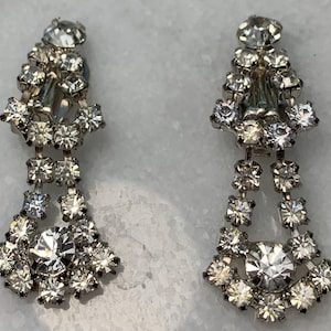 Vintage Rhinestone Clip-On Earrings – 1.75” Chandelier Drop Bridal Jewelry