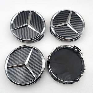 4x Mercedes Carbon Black & Chrome CENTRE CAPS 75mm