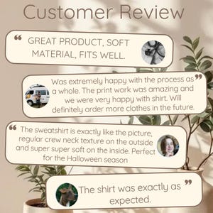 K&ouml;nnte beinhalten: Grafik mit Kundenbewertungen mit Text in Sprechblasen. Der Text enth&auml;lt S&auml;tze wie "Tolles Produkt, weiches Material, passt gut" und "Der Sweatshirt ist genau wie auf dem Bild". Der Hintergrund ist beige.