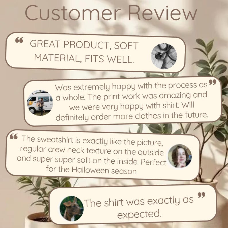 K&ouml;nnte beinhalten: Grafik mit Kundenbewertungen mit Text in Sprechblasen. Der Text enth&auml;lt S&auml;tze wie "Tolles Produkt, weiches Material, passt gut" und "Der Sweatshirt ist genau wie auf dem Bild". Der Hintergrund ist beige.
