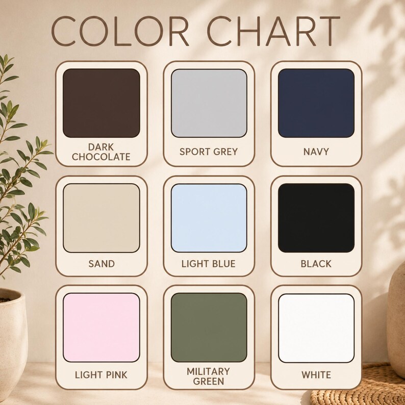 Peut inclure: Un nuancier pr&eacute;sentant neuf &eacute;chantillons rectangulaires aux coins arrondis, &eacute;tiquet&eacute;s avec le texte : Dark Chocolate, Sport Grey, Navy, Sand, Light Blue, Black, Light Pink, Military Green et White. Chaque &eacute;chantillon affiche un bloc de couleur.