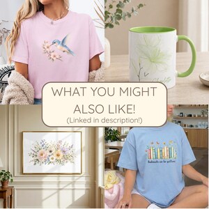 Peut inclure: Un collage pr&eacute;sentant un t-shirt rose clair avec un motif de colibri, une tasse blanche avec une anse verte et un imprim&eacute; floral, une d&eacute;coration murale florale encadr&eacute;e et un t-shirt bleu clair avec un motif de livres et le texte Bookmarks are for quitters.