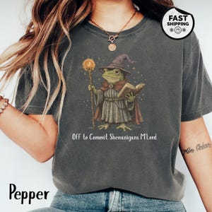 May include: Dark gray t-shirt featuring a whimsical frog wizard holding a glowing staff and a book. The frog wears a wizard hat and cloak. Text on the shirt reads "Off to Commit Shenanigans M'Lord".