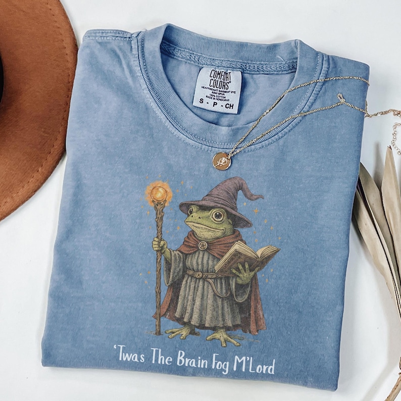 Folded vintage-wash light blue T-shirt displayed on a white surface, featuring a whimsical fantasy-style illustration of a frog dressed as a wizard. The frog wears a pointed hat and flowing robe, holds a glowing staff in one hand, and an open book in the other. Beneath the graphic, the text reads “’Twas The Brain Fog M’Lord.” A delicate gold pendant necklace is draped across the collar. Decorative dried stems and part of a wooden tray complete the styled product display.