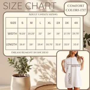K&ouml;nnte beinhalten: Eine Gr&ouml;&szlig;entabelle f&uuml;r Unisex-T-Shirts f&uuml;r Erwachsene, mit Ma&szlig;en in Zoll. Die Tabelle enth&auml;lt die Gr&ouml;&szlig;en S bis 4XL mit den entsprechenden Breiten- und L&auml;ngenma&szlig;en. Das Bild zeigt auch eine Person, die ein T-Shirt tr&auml;gt.