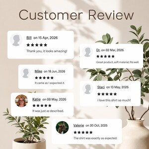 Peut inclure: Un affichage graphique intitul&eacute; Customer Review pr&eacute;sentant cinq bo&icirc;tes rectangulaires blanches contenant des noms d'utilisateurs, des dates, des &eacute;valuations cinq &eacute;toiles et des commentaires &eacute;crits tels que Thank you, it looks amazing et i love this shirt so much.