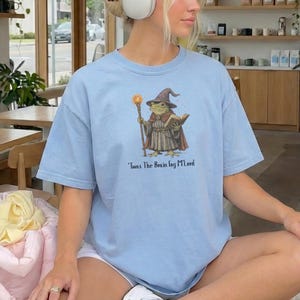 K&ouml;nnte beinhalten: Hellblaues T-Shirt mit einer Illustration eines Froschzauberers, der einen Stab und ein Buch h&auml;lt. Der Frosch tr&auml;gt einen Zaubererhut und einen Umhang. Der Text "'Twas The Brain Fog M'Lord" ist darunter gedruckt.