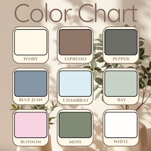 K&ouml;nnte beinhalten: Eine Farbkarte mit neun Farbmustern und Namen. Farben sind Elfenbein, Espresso, Pfeffer, Blue Jean, Chambray, Bay, Blossom, Moss und Wei&szlig;. Der Text "Color Chart" befindet sich oben im Bild.