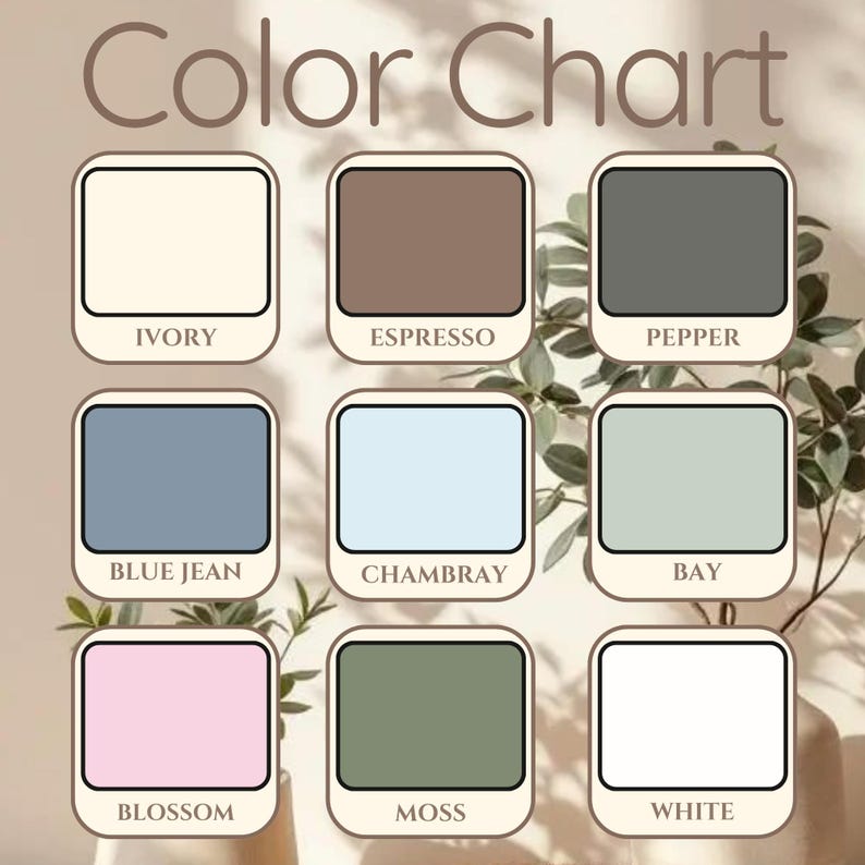 K&ouml;nnte beinhalten: Eine Farbkarte mit neun Farbmustern und Namen. Farben sind Elfenbein, Espresso, Pfeffer, Blue Jean, Chambray, Bay, Blossom, Moss und Wei&szlig;. Der Text "Color Chart" befindet sich oben im Bild.
