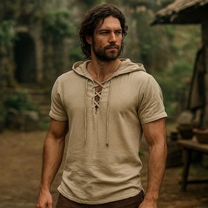 ルネッサンス風フード付きチュニック（LARP用）｜中世バイキング風コスプレシャツ｜美的半袖海賊チュニック｜ルネッサンス・フェア用レトロナイトシャツ