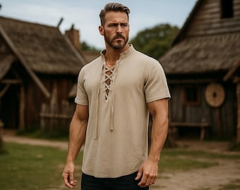 Viking Renaissance Faire Shirt | Medieval Knight Pirate Tunic Men | Retro LARP Festival Cosplay Tunic | Ren Faire Vintage Short Sleeve Tunic