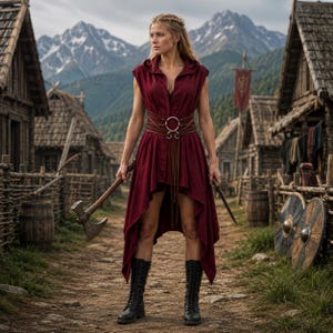 Peut inclure: Une robe sans manches à capuche rouge foncé avec un ourlet asymétrique, portée avec une ceinture corset en cuir marron dotée d'un anneau métallique central et de lanières pendantes. Tenue complétée par des bottes à lacets noires, une hache et une dague.