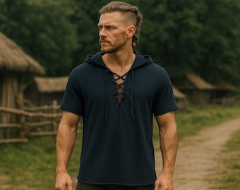 Medieval Ren Faire Viking Shirt | Retro Pirate Cosplay Tunic | Renaissance Knight Warrior Shirt | Vintage Viking Tunic with Hood for Men's