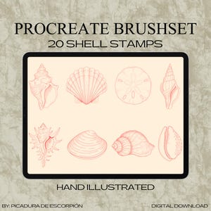 Puede incluir: Una ilustración digital en una pantalla de tableta presenta un conjunto de pinceles Procreate con 20 sellos de conchas marinas. Las conchas son de color coral, con el texto "PROCREATE BRUSHSET" y "20 SHELL STAMPS" en la parte superior. Las palabras "HAND ILLUSTRATED" están en la parte inferior.
