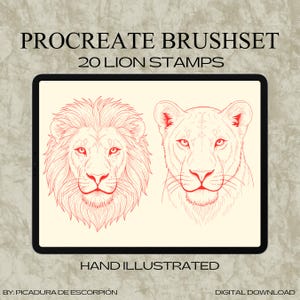 May include: A digital illustration on a tablet screen features two red lion face stamps. The text at the top reads "PROCREATE BRUSHSET" and "20 LION STAMPS." Below the images, the text reads "HAND ILLUSTRATED." The bottom right corner says "DIGITAL DOWNLOAD."