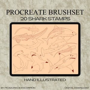 Puede incluir: Ilustración digital de un conjunto de pinceles Procreate con 20 sellos de tiburones. La imagen muestra varias especies de tiburones en un estilo de dibujo lineal en una pantalla de tableta. El texto incluye "Procreate Brushset", "20 Shark Stamps", "Hand Illustrated" y "Digital Download".