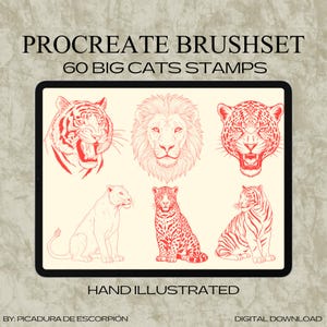 Puede incluir: Set de pinceles digital Procreate con 60 sellos de grandes felinos. La imagen muestra una pantalla de tableta con ilustraciones rojas y blancas de tigres, leones y leopardos. El texto en la pantalla dice "PROCREATE BRUSHSET" y "60 BIG CATS STAMPS".
