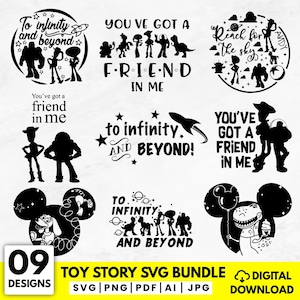 Puede incluir: Una colección de nueve diseños SVG de Toy Story en blanco y negro. Los diseños incluyen frases como "Hasta el infinito y más allá" y "Tienes un amigo en mí", junto con siluetas de personajes. El paquete está disponible para descarga digital.