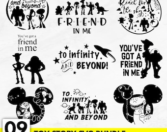 May include: A collection of nine black and white Toy Story SVG designs. The designs include phrases like "To infinity and beyond" and "You've got a friend in me", along with character silhouettes. The bundle is available for digital download.