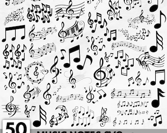May include: A collection of 50 black music note designs, including treble clefs, quarter notes, and musical staffs. The image includes the text "MUSIC NOTES SVG DIGITAL DOWNLOAD" and file type options: SVG, PNG, PDF, AI, and JPG.