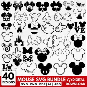 May include: A collection of 40 black and white Mickey Mouse-themed SVG designs. The designs include Mickey Mouse heads, bows, hands, castle silhouettes, and the word "Mickey". The text "MOUSE SVG BUNDLE" and "DIGITAL DOWNLOAD" are also present.