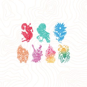 May include: A collection of seven intricate, stylised illustrations arranged in two rows. The designs feature a red wolf, a teal bird, a blue flower, an orange mask, a purple sword, a yellow flame, and a green spider, all set against a white background with faint, light-coloured topographic contour lines.
