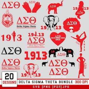 Op de afbeelding: Een digitaal ontwerppakket met 20 Delta Sigma Theta-afbeeldingen in rood en zwart. De elementen bevatten de Griekse letters ΔΣΘ, olifanten, silhouetten van personen, harten, het jaartal 1913 en het Delta Sigma Theta-wapen op een lichtgrijze achtergrond.