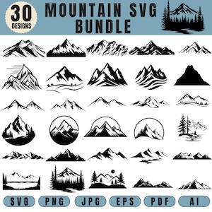 以下が含まれることがあります： 「30 Mountain SVG Bundle」と題されたデジタルコレクションで、山頂、森林、円形デザインなど、様々な白黒の山脈イラストが含まれています。下部に記載されているファイル形式は、SVG、PNG、JPG、EPS、PDF、AIです。