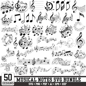 May include: A collection of 50 black and white musical note designs, including treble clefs, staff lines, and various rhythmic symbols arranged in swirling, circular, and linear patterns. The text 50 DESIGNS MUSICAL NOTES SVG BUNDLE is at the bottom.