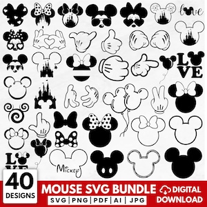 Può includere: Una collezione di 40 design SVG a tema Mickey Mouse in bianco e nero. I design includono teste di Mickey Mouse, teste di Minnie Mouse con fiocchi, mani, sagome di castelli e la parola "Mickey". È presente anche il testo "MOUSE SVG BUNDLE".