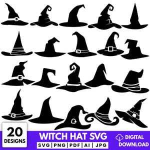 Könnte beinhalten: Eine Sammlung von 20 schwarzen Hexenhut-Silhouetten in einem Raster angeordnet. Jeder Hut hat eine einzigartige Form, einige mit Schnallen, Bändern oder spitzen Enden. Unten steht der Text 20 DESIGNS WITCH HAT SVG DIGITAL DOWNLOAD.