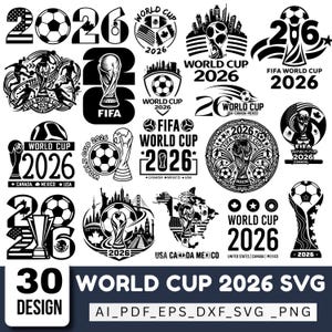 Könnte beinhalten: Eine Sammlung von dreißig schwarz-weißen Grafikdesigns mit dem FIFA World Cup 2026 Logo, Fußbällen, Meisterschaftspokalen, Stadtsilhouetten und Karten von Nordamerika mit dem Text World Cup 2026, USA, Canada und Mexico.