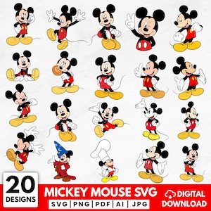 K&ouml;nnte beinhalten: Eine Sammlung von 20 Mickey Mouse-Designs in verschiedenen Posen, mit roten Shorts, gelben Schuhen und einem schwarzen K&ouml;rper. Das Bild enth&auml;lt den Text "Mickey Mouse SVG" und Dateitypoptionen.