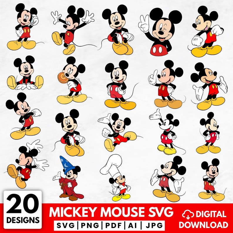 K&ouml;nnte beinhalten: Eine Sammlung von 20 Mickey Mouse-Designs in verschiedenen Posen, mit roten Shorts, gelben Schuhen und einem schwarzen K&ouml;rper. Das Bild enth&auml;lt den Text "Mickey Mouse SVG" und Dateitypoptionen.