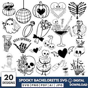 May include: Black and white digital designs with a spooky bachelorette theme. Includes a pumpkin with a heart, skeletons, bats, a disco ball, and the text "STAY SPOOKY". The image also includes the text "SPOOKY BACHELORETTE SVG DIGITAL DOWNLOAD".