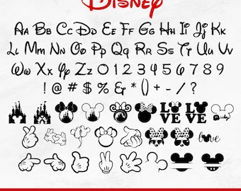 May include: A black and white Disney-themed font set with uppercase and lowercase letters, numbers, and symbols. Includes various Mickey Mouse and Minnie Mouse silhouettes and graphics. The word "Disney" is in red script at the top. The bottom of the image has the text "SVG | PNG | PDF | AI | JPG | TTF".