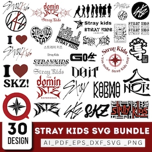 May include: A digital collection of 30 Stray Kids graphic designs featuring various logos, text, and symbols in black and red. The bundle includes text like Stray Kids, Stay, DominATE, and SKZ, alongside compass icons, heart shapes, and stylized typography.