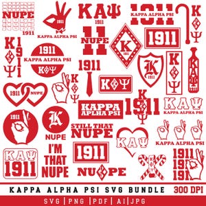 May include: A collection of red Kappa Alpha Psi fraternity graphics featuring the text 1911, Nupe, and Kappa Alpha Psi. The designs include hand signs, hearts, shields, diamonds, canes, and ties, presented as a digital bundle for various projects.