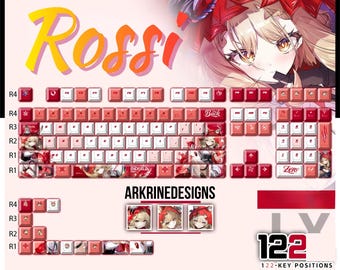 May include: A custom keyboard with red and white keycaps featuring anime-style character art. The keyboard has a full layout with a number pad and function keys. The text "Rossi" is displayed in yellow and orange, with the text "ARKNIGHTS ENDFIELD" above it.