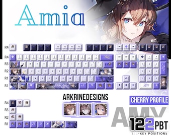 May include: A custom keyboard keycap set featuring a purple and white color scheme with anime-style character art. The keycaps are labeled with the text "Amia" and "ARKRINEDESIGNS". The set includes 122 key positions and is made with PBT dye-sublimation.