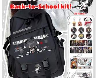 May include: A black backpack featuring the text Limbus Company and a cartoon character graphic, accompanied by a set of 25 items including keychains, circular pins, rectangular cards, a ruler, a protractor, and a small white zippered pouch.
